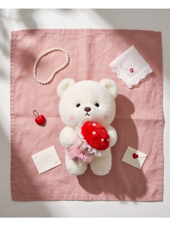 Bear with Red Strawberry Bouquet and Pearl Accents – 8-Inch White Plush Ultra-Soft Stuffed Animal Gift for Kids ST16463