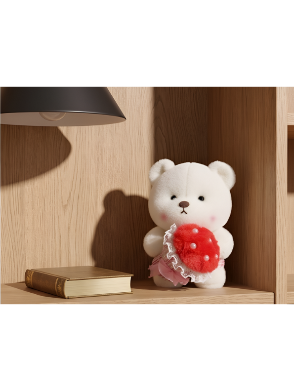 Bear with Red Strawberry Bouquet and Pearl Accents – 8-Inch White Plush Ultra-Soft Stuffed Animal Gift for Kids ST16463