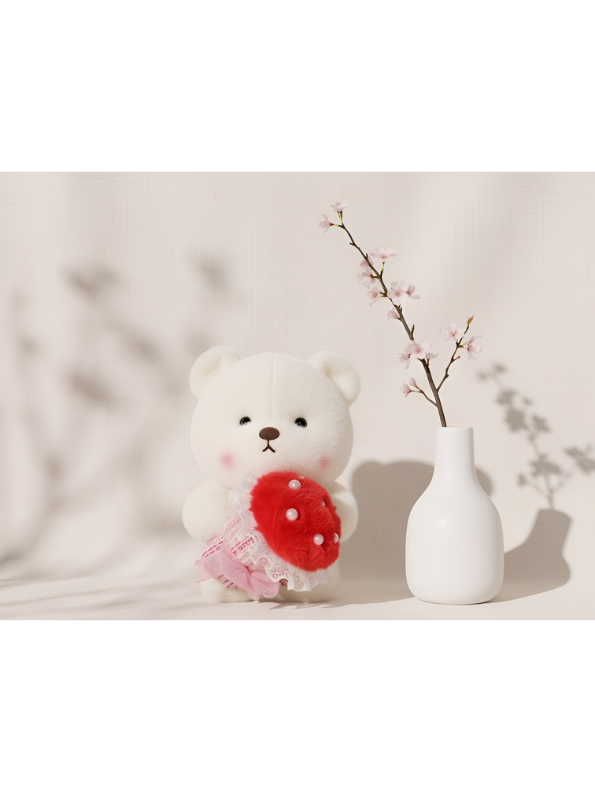 Bear with Red Strawberry Bouquet and Pearl Accents – 8-Inch White Plush Ultra-Soft Stuffed Animal Gift for Kids ST16463