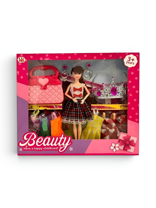 Beauty Doll Pretend Play Set – Brunette Fashion Doll with Changeable Dresses LMI9403.