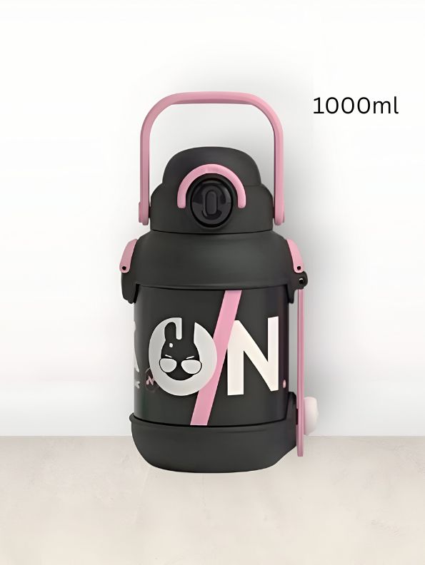 Black - 2 in 1 Sipper with Handle & Neck Carry for Kids - 1000ml Leak-Proof Water Bottle with Box NOV12437.