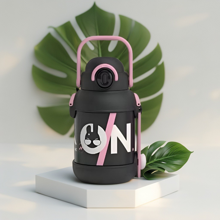 Black - 2 in 1 Sipper with Handle & Neck Carry for Kids - 1000ml Leak-Proof Water Bottle with Box NOV12437.