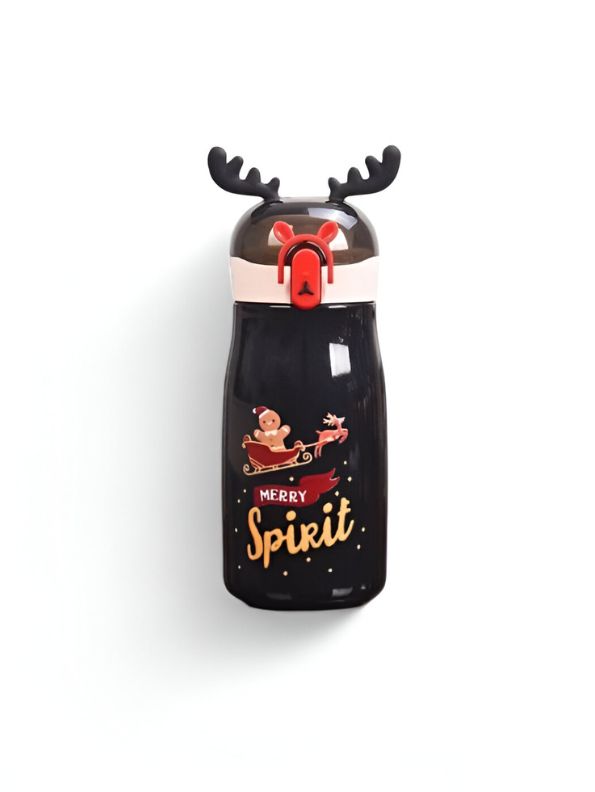 Black - Rudolph - Christmas Theme Kids Water Bottle 300ml | Cute Reindeer Design on Top | Leakproof & BPA-Free NOV3551.