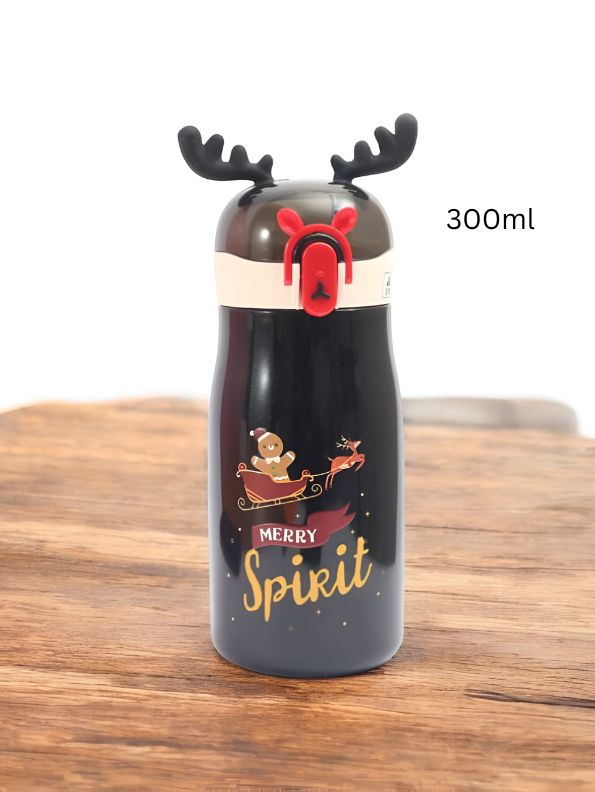 Black - Rudolph - Christmas Theme Kids Water Bottle 300ml | Cute Reindeer Design on Top | Leakproof & BPA-Free NOV3551.