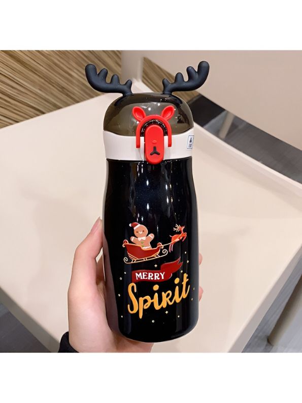 Black - Rudolph - Christmas Theme Kids Water Bottle 300ml | Cute Reindeer Design on Top | Leakproof & BPA-Free NOV3551.
