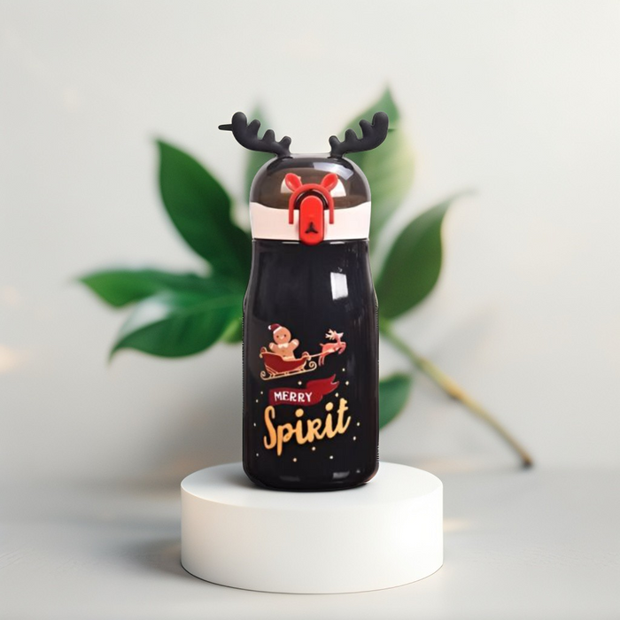 Black - Rudolph - Christmas Theme Kids Water Bottle 300ml | Cute Reindeer Design on Top | Leakproof & BPA-Free NOV3551.