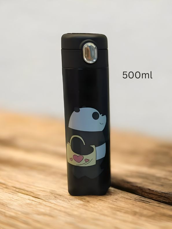 Black - Zoopy - Cute Print Kids Water Bottle 500ml Stainless Steel with Push Button Lid | Leak-Proof & BPA-Free NOV7104.