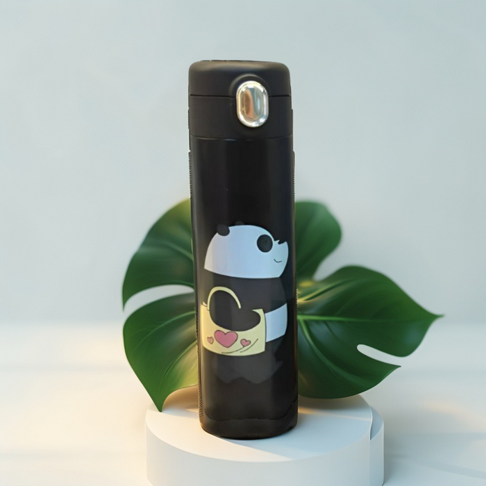 Black - Zoopy - Cute Print Kids Water Bottle 500ml Stainless Steel with Push Button Lid | Leak-Proof & BPA-Free NOV7104.