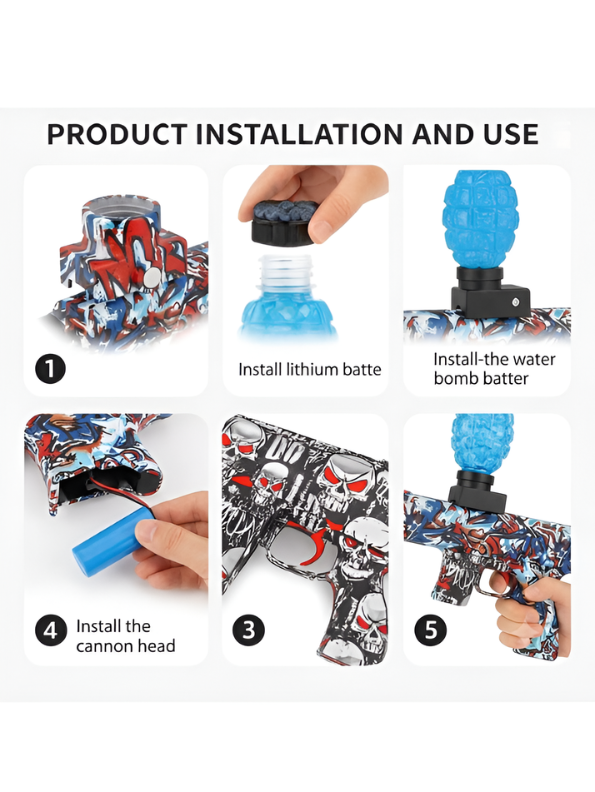 Blokk Blaster Automatic Gel Ball Gun with Water Bead Hopper & Silencer Extension, Blue Graffiti Splatter MD446