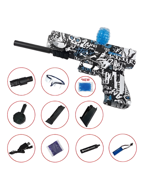 Blokk Blaster Automatic Gel Ball Gun with Water Bead Hopper & Silencer Extension, Write Graffiti Splatter MD446