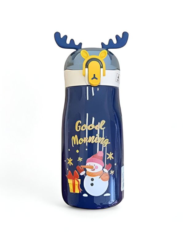 Blue - Rudolph - Christmas Theme Kids Water Bottle 300ml | Cute Reindeer Design on Top | Leakproof & BPA-Free NOV3551.
