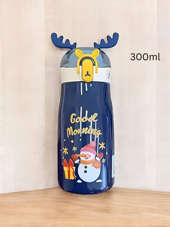 Blue - Rudolph - Christmas Theme Kids Water Bottle 300ml | Cute Reindeer Design on Top | Leakproof & BPA-Free NOV3551.