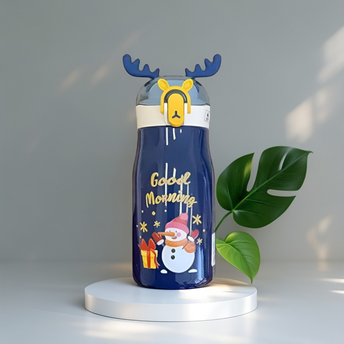 Blue - Rudolph - Christmas Theme Kids Water Bottle 300ml | Cute Reindeer Design on Top | Leakproof & BPA-Free NOV3551.