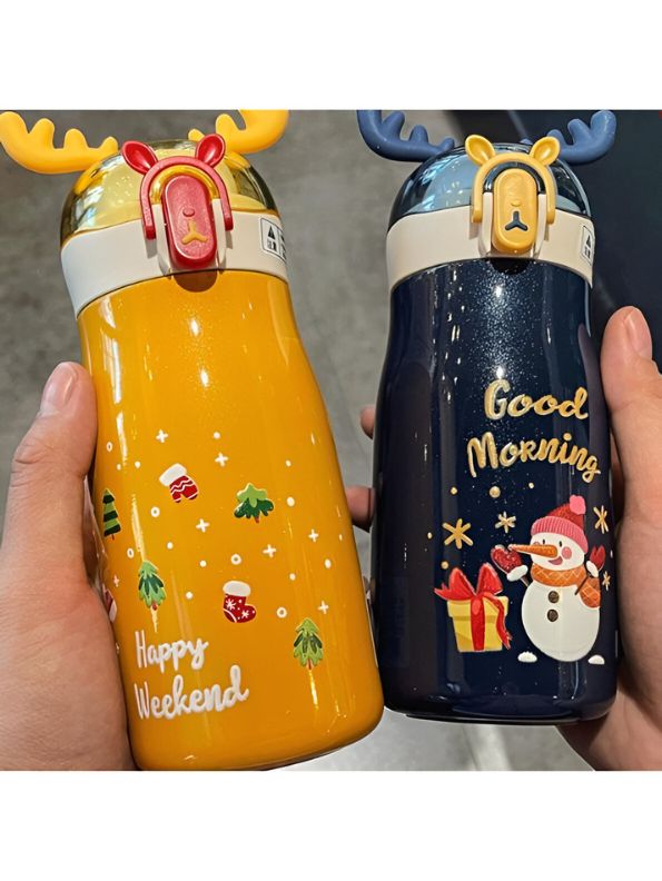 Blue - Rudolph - Christmas Theme Kids Water Bottle 300ml | Cute Reindeer Design on Top | Leakproof & BPA-Free NOV3551.