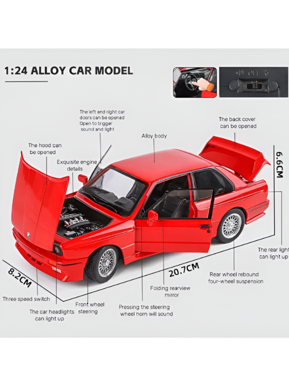 BMW M3 E30 Diecast Model Car | Red 1:24 Scale Collectible Replica Alloy Car MD581.