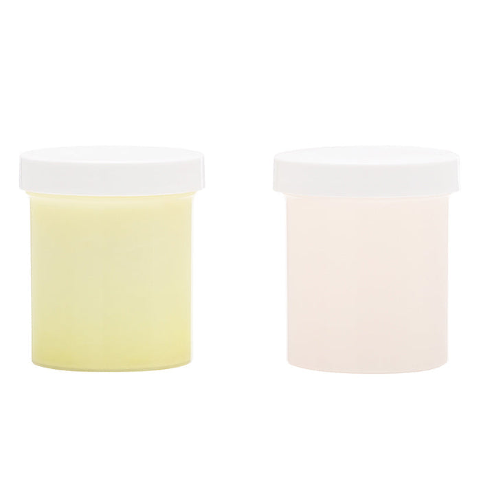 Two cylindrical containers with white lids on a white background