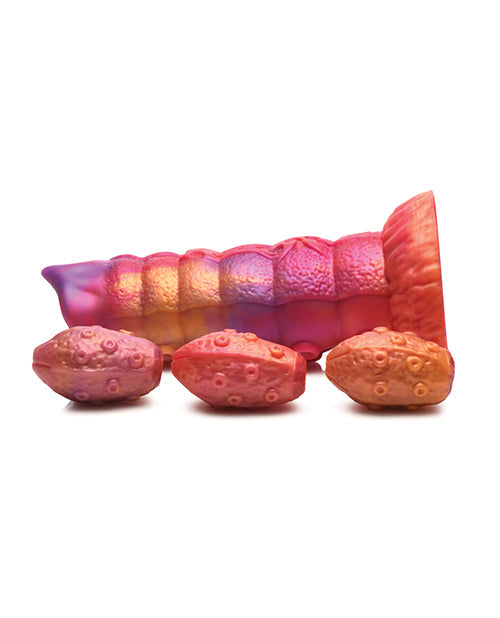 Colorful caterpillar-shaped toy with three segmented bodies on a white background