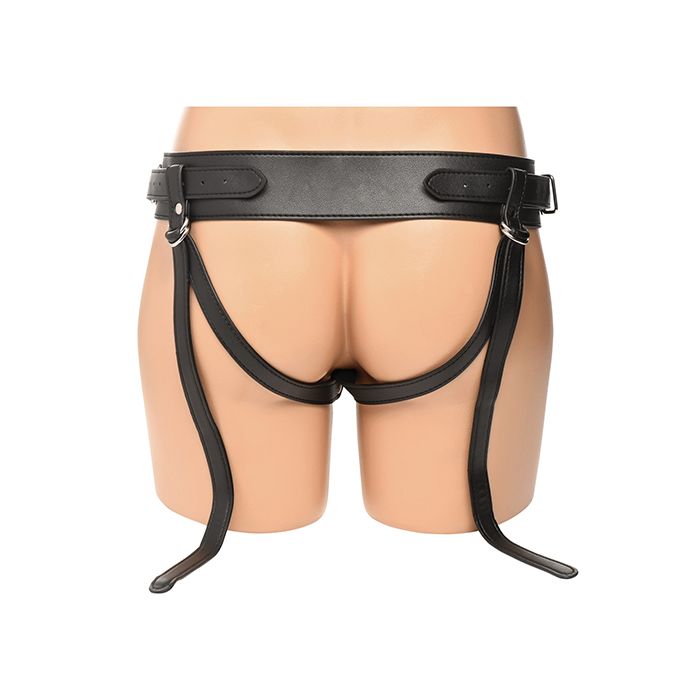 Black leather harness on a mannequin against a white background