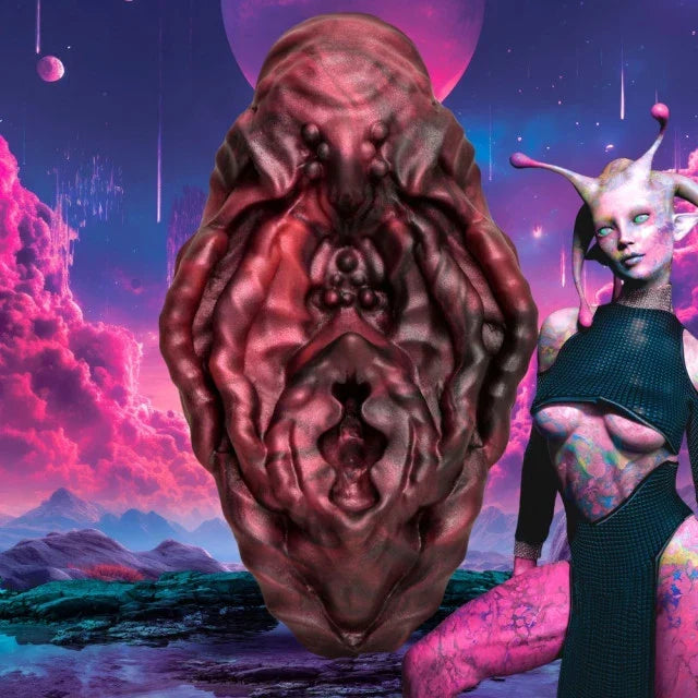 Alien-like creature and humanoid figure in a futuristic landscape with pink skies and mountains.
