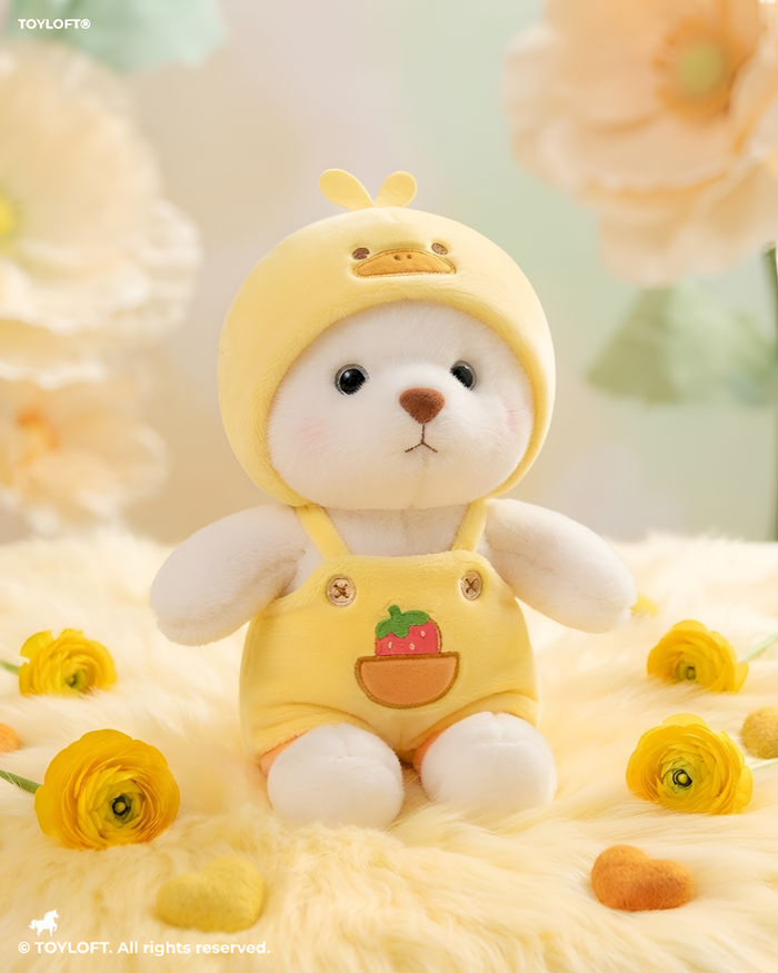 Cute 8-Inch Plush Bear Toy in Yellow Duck Hoodie & Strawberry Dungarees – Soft Stuffed Animal ST15739