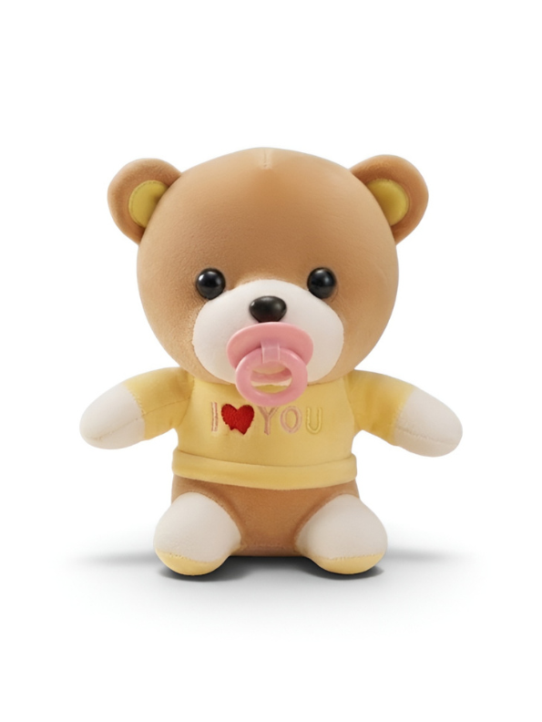 Cute Brown Teddy Bear Plush Toy with Pacifier and Yellow "I Love You" Shirt ST9541