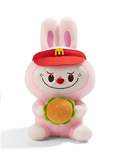 Cute Kawaii Pink Bunny Plush Character Wearing Red McDonald's Visor Holding a Hamburger ST15969