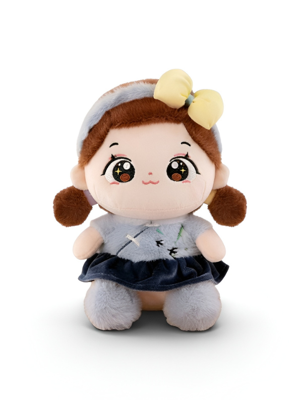 Cute Soft Plushie Girl in Blue Skirt & Headband – 8-Inch Decorative Stuffed Doll – Perfect Holiday Gift for Girls ST16663
