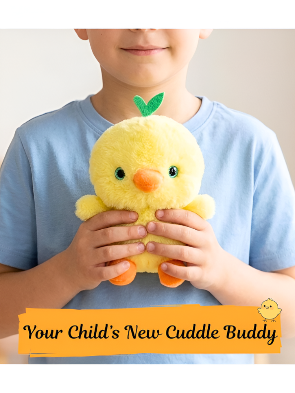 Cute Yellow Chick Plush Toy with Green Leaf Sprouts.