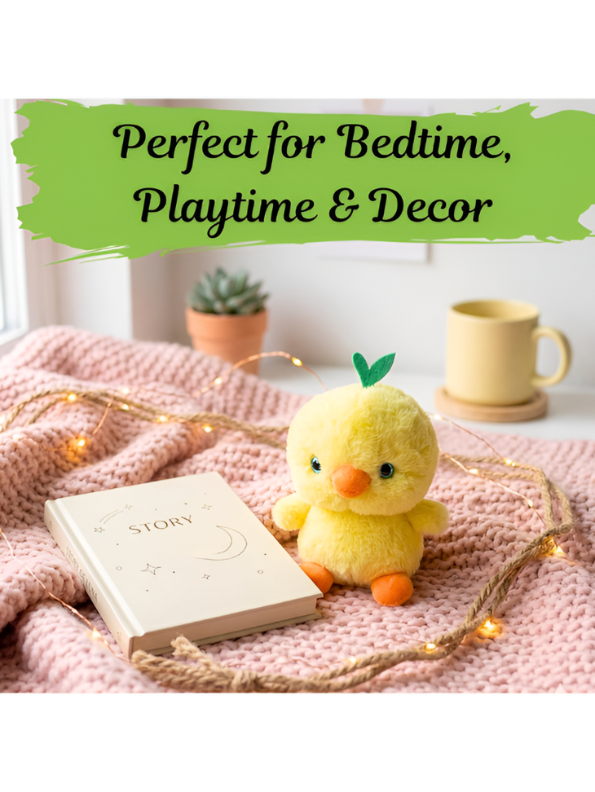 Cute Yellow Chick Plush Toy with Green Leaf Sprouts.