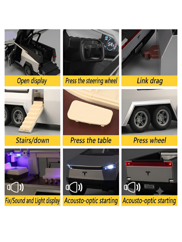 Cybertruck Diecast Car 1:32 Scale with Detachable Camper Trailer & Charging Station Gold TV5518.