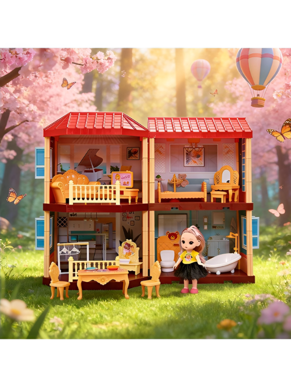 DIY Princess Castle Doll House – 2-Story Pretend Play Villa Toy with Mini Doll & Furniture Accessories MD744