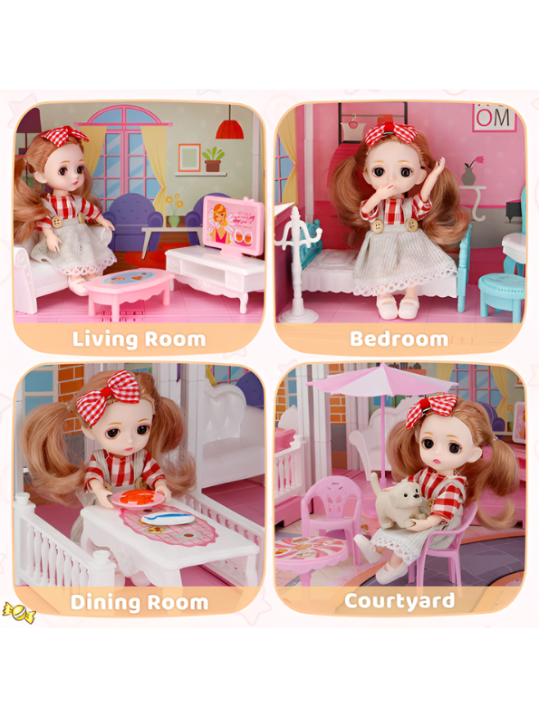 DIY Princess Pink Dollhouse Playset with 1 Dolls, Furniture & Play Mat – Creative Toy MD739