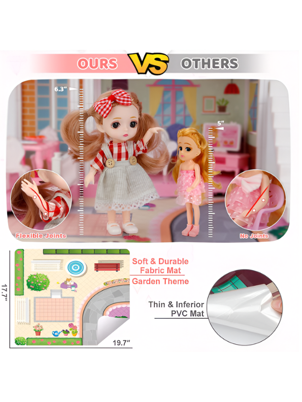 DIY Princess Pink Dollhouse Playset with 1 Dolls, Furniture & Play Mat – Creative Toy MD739