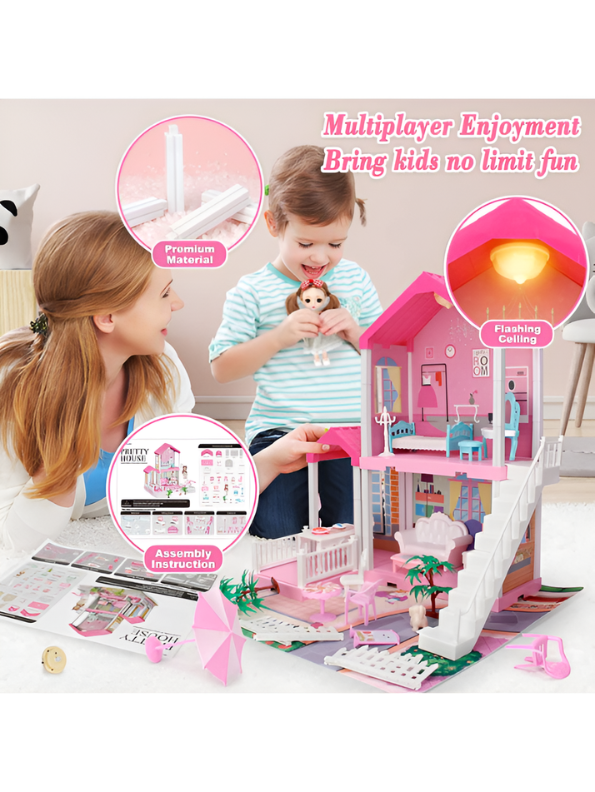 DIY Princess Pink Dollhouse Playset with 1 Dolls, Furniture & Play Mat – Creative Toy MD739