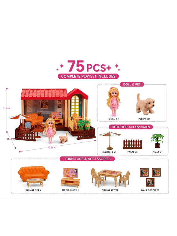 DIY Princess Villa Dollhouse Playset with Dolls, Furniture & Pet Figure (75+ Pcs) MD49
