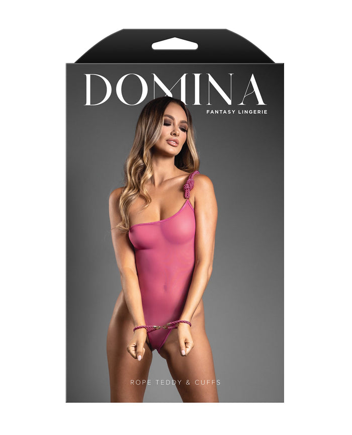 Domina Fantasy Lingerie packaging with a model wearing a pink teddy and cuffs.