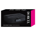 Black storage box with a visible brand name on a black background