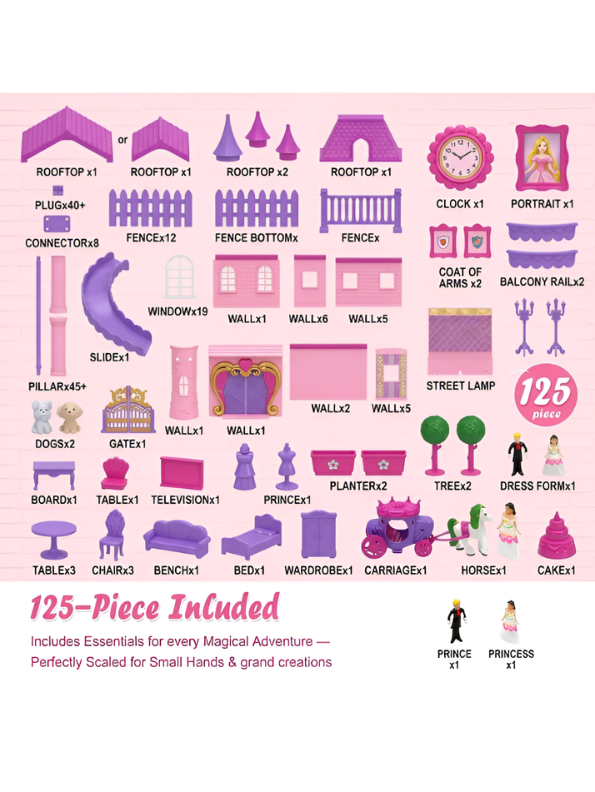 Fairy Tale Dream Castle Playset – Royal Figures, Horse Carriage & Furniture (Pink/Purple) MD417