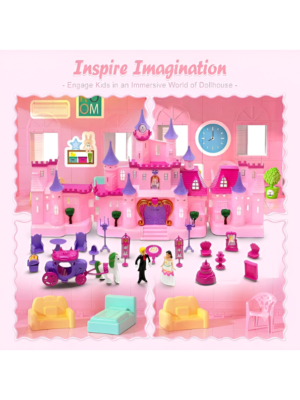 Fairy Tale Dream Castle Playset – Royal Figures, Horse Carriage & Furniture (Pink/Purple) MD417