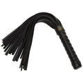 Black leather flogger with a handle on a white background