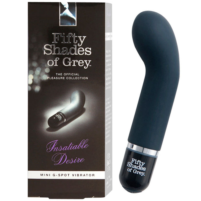 Black G-Spot vibrator with 'Fifty Shades of Grey' packaging on a white background