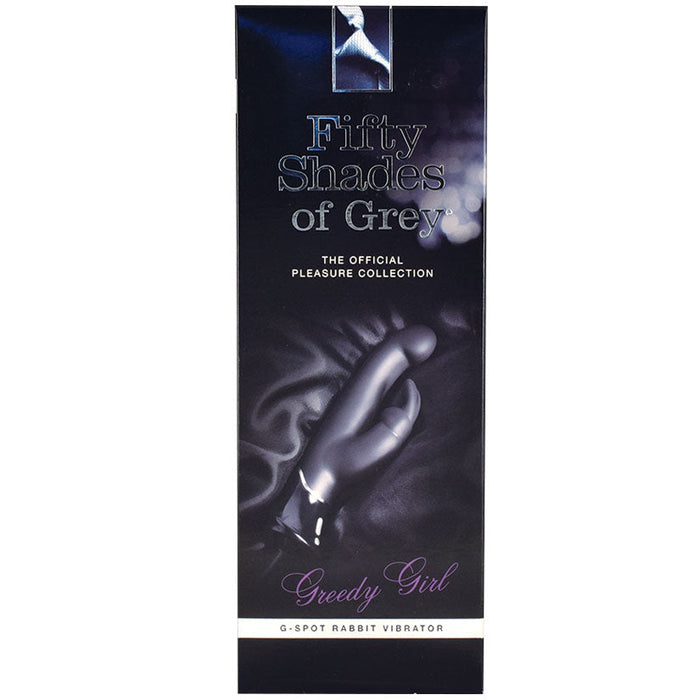 Product packaging for 'Fifty Shades of Grey Greedy Girl' G-Spot rabbit vibrator on a white background