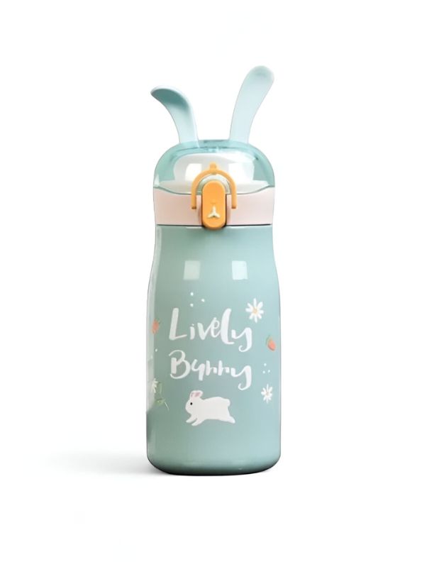 Green - Rabbiyt Bunny Ears Water Bottle for Kids 300ml - Cute & Safe Sipper for School & Travel NOV3557.