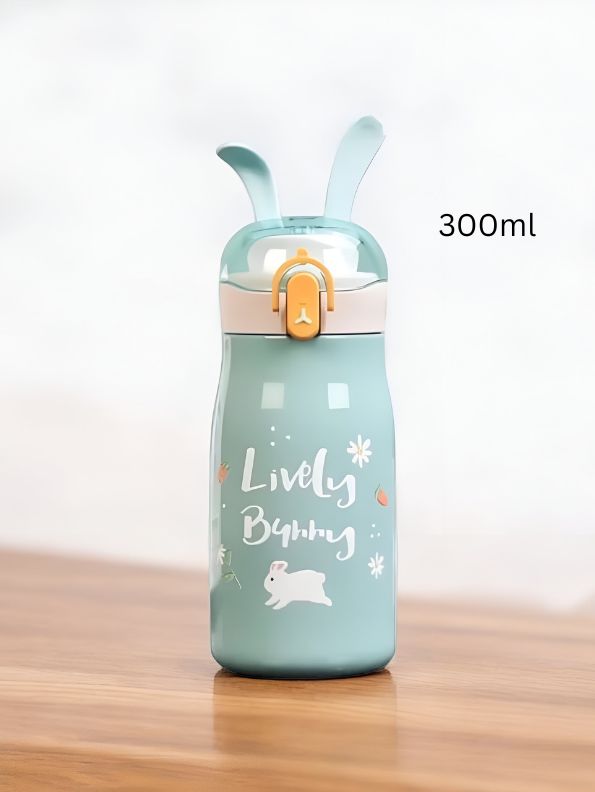 Green - Rabbiyt Bunny Ears Water Bottle for Kids 300ml - Cute & Safe Sipper for School & Travel NOV3557.