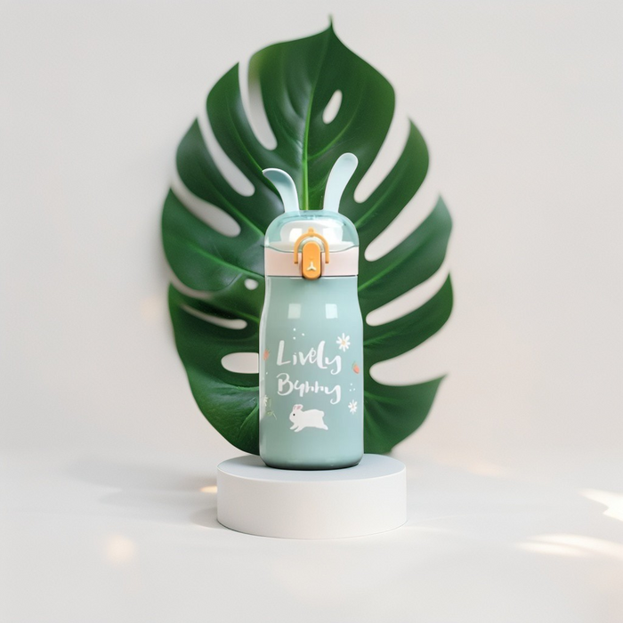 Green - Rabbiyt Bunny Ears Water Bottle for Kids 300ml - Cute & Safe Sipper for School & Travel NOV3557.