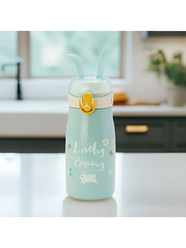 Green - Rabbiyt Bunny Ears Water Bottle for Kids 300ml - Cute & Safe Sipper for School & Travel NOV3557.