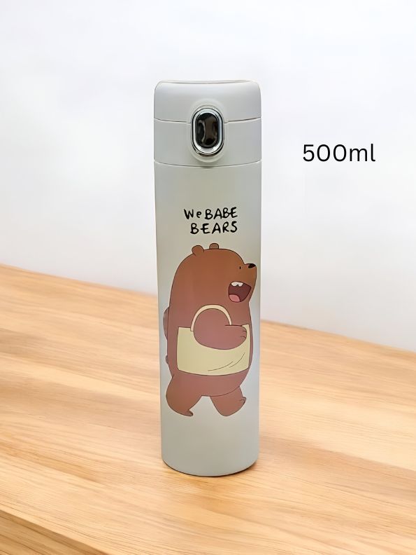 Green - Zoopy - Cute Print Kids Water Bottle 500ml Stainless Steel with Push Button Lid | Leak-Proof & BPA-Free NOV7104.