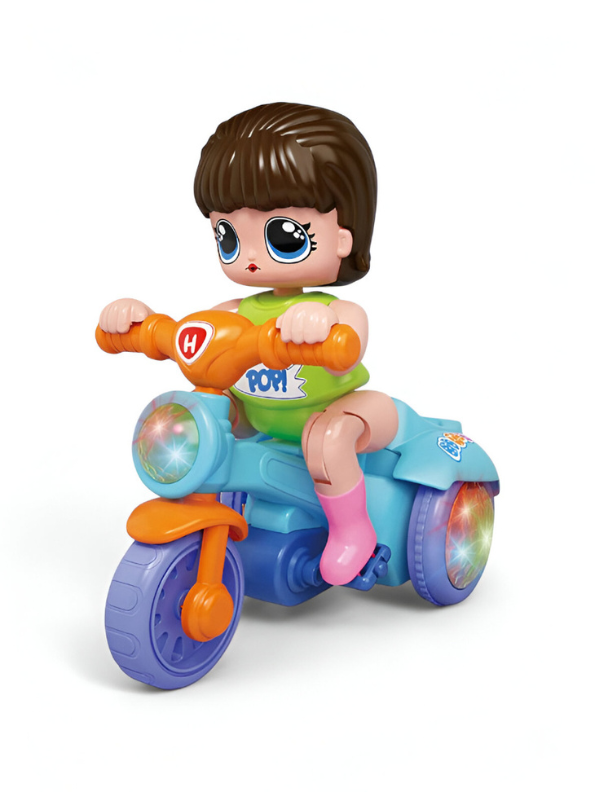 Green Musical Light-Up Stunt Motorcycle Toy for Kids | Bump and Go Tricycle Doll Rider LMI12550