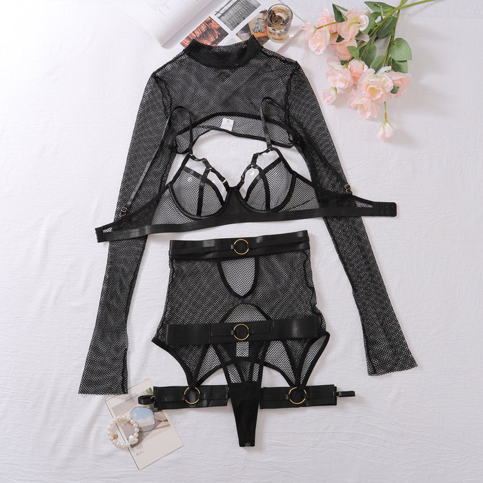 Hollow mesh clothing see through tearing underwear set sexy and seductive lingerie underwear