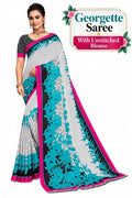 Kanooda Prints Women's Fancy Georgette Printed Saree_1278_White_Blue